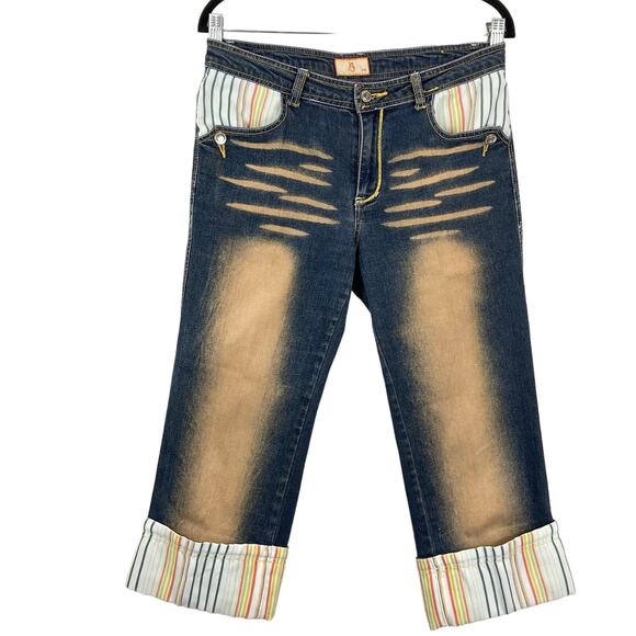 NWOT RAW BLUE LADY Jeans Women 13 Vintage Blue Brown Wash Capri Stripe Cuff - Picture 1 of 12